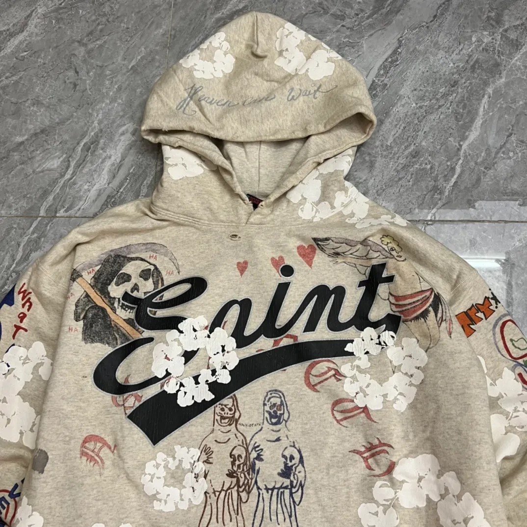 DENIM TEARS × ©SAINT M×××××× "SAINT TEARS" Graffiti Hoodie 22ss co-branded cotton graffiti hoodie, full printed washed distressed hole Vintage sweatshirt, gray S-XL, super heavy duty! The whole piece is printed with 35 screens and counterpoint printing!